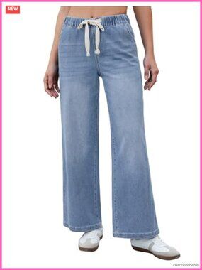Wide Leg High Waisted Pull On Stretchy Denim Jeans with Pockets